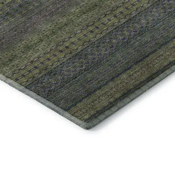 5' X 8' Olive Green And Blue Striped Washable Area Rug With UV Protection