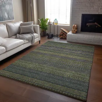 5' X 8' Olive Green And Blue Striped Washable Area Rug With UV Protection