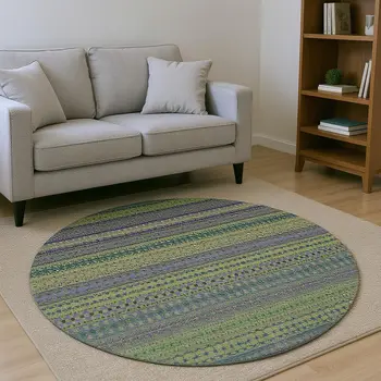 8' Olive Green And Blue Striped Washable Round Rug With UV Protection