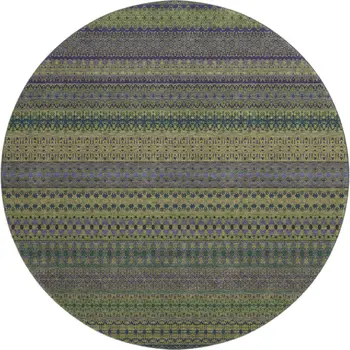 8' Olive Green And Blue Striped Washable Round Rug With UV Protection