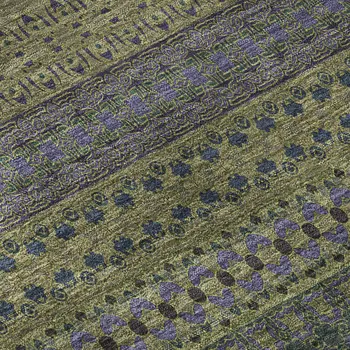 8' Olive Green And Blue Striped Washable Round Rug With UV Protection