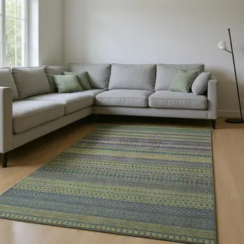 8' X 10' Olive Green And Blue Striped Washable Area Rug With UV Protection