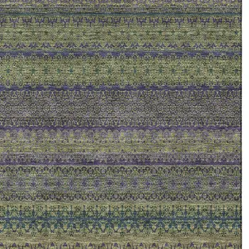 8' X 10' Olive Green And Blue Striped Washable Area Rug With UV Protection