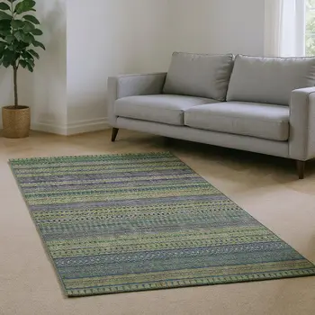 9' X 12' Olive Green And Blue Striped Washable Area Rug With UV Protection