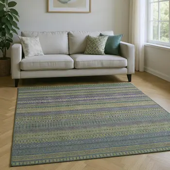 10' X 14' Olive Green And Blue Striped Washable Area Rug With UV Protection