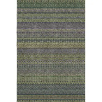 10' X 14' Olive Green And Blue Striped Washable Area Rug With UV Protection
