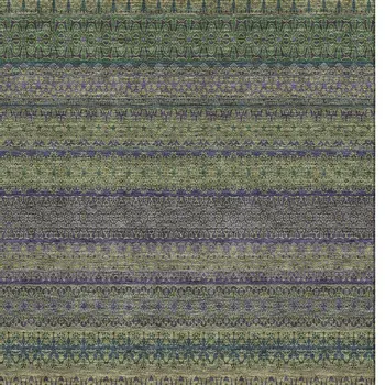 10' X 14' Olive Green And Blue Striped Washable Area Rug With UV Protection