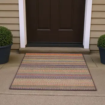 3' X 5' Rust And Purple Striped Washable Area Rug With UV Protection