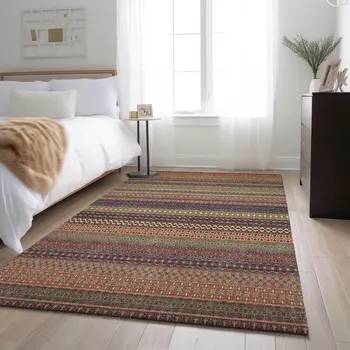 3' X 5' Rust And Purple Striped Washable Area Rug With UV Protection