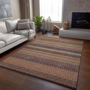 3' X 5' Rust And Purple Striped Washable Area Rug With UV Protection