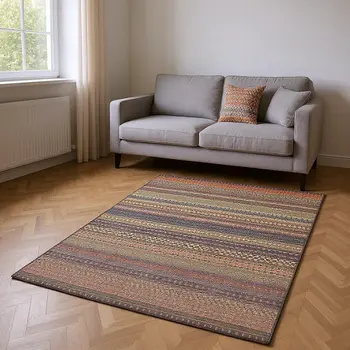 5' X 8' Rust And Purple Striped Washable Area Rug With UV Protection