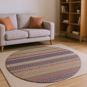 8' Rust And Purple Striped Washable Round Rug With UV Protection