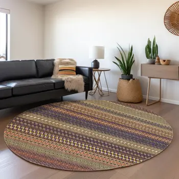 8' Rust And Purple Striped Washable Round Rug With UV Protection