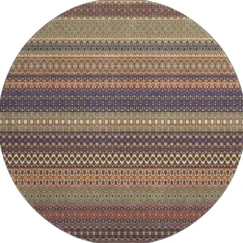 8' Rust And Purple Striped Washable Round Rug With UV Protection