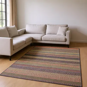 8' X 10' Rust And Purple Striped Washable Area Rug With UV Protection