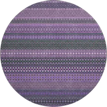 8' Purple And Ivory Striped Washable Round Rug With UV Protection