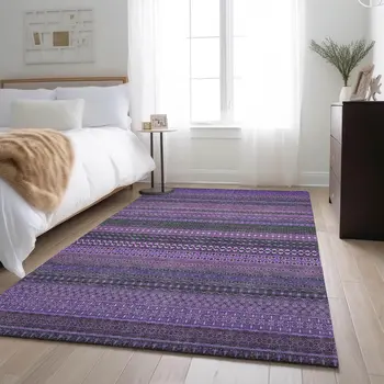 10' X 14' Purple And Ivory Striped Washable Area Rug With UV Protection