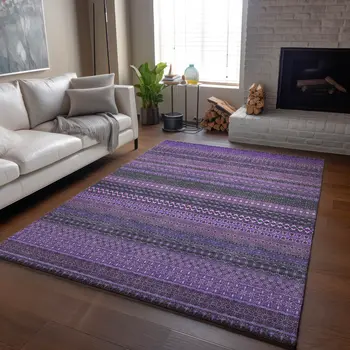 10' X 14' Purple And Ivory Striped Washable Area Rug With UV Protection