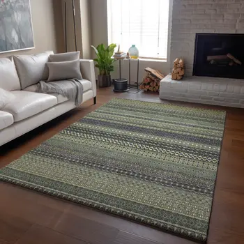 3' X 5' Sage Gray And Ivory Striped Washable Area Rug With UV Protection