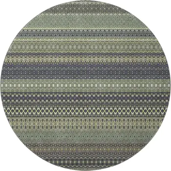 8' Sage Gray And Ivory Striped Washable Round Rug With UV Protection