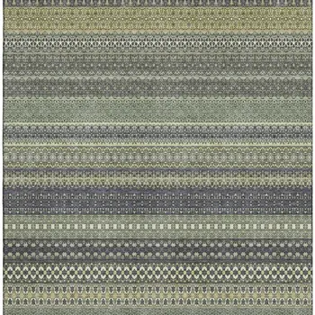 9' X 12' Sage Gray And Ivory Striped Washable Area Rug With UV Protection