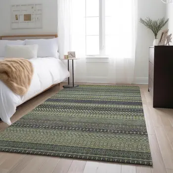 10' X 14' Sage Gray And Ivory Striped Washable Area Rug With UV Protection