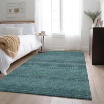 5' X 8' Turquoise And Ivory Striped Washable Area Rug With UV Protection