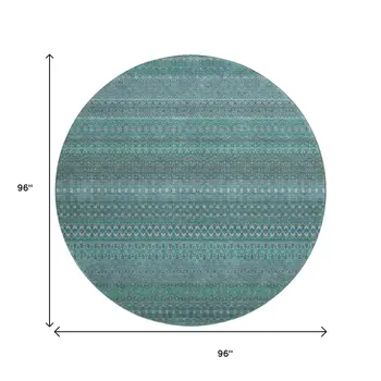 8' Turquoise And Ivory Striped Washable Round Rug With UV Protection