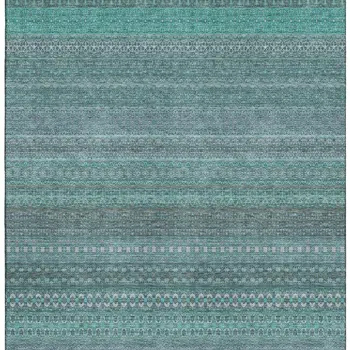 9' X 12' Turquoise And Ivory Striped Washable Area Rug With UV Protection