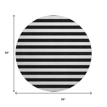 8' Black And Ivory Striped Washable Round Rug With UV Protection