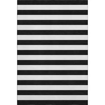 9' X 12' Black And Ivory Striped Washable Area Rug With UV Protection