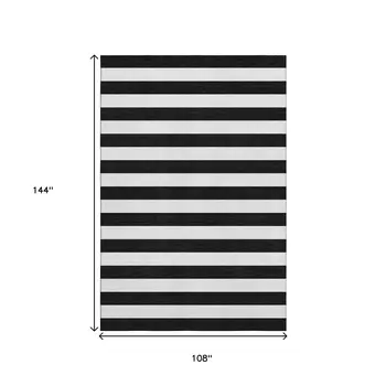 9' X 12' Black And Ivory Striped Washable Area Rug With UV Protection