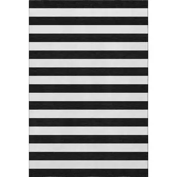 9' X 12' Black And Ivory Striped Washable Area Rug With UV Protection