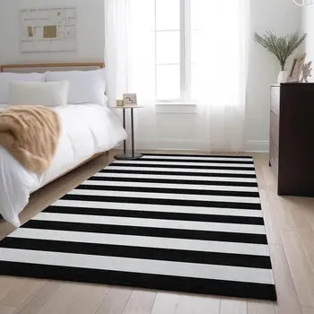 10' X 14' Black And Ivory Striped Washable Area Rug With UV Protection