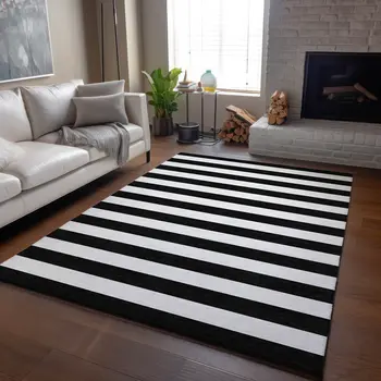 10' X 14' Black And Ivory Striped Washable Area Rug With UV Protection