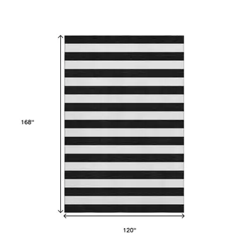 10' X 14' Black And Ivory Striped Washable Area Rug With UV Protection