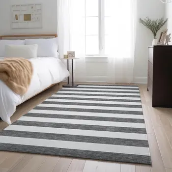 3' X 5' Charcoal And Ivory Striped Washable Area Rug With UV Protection