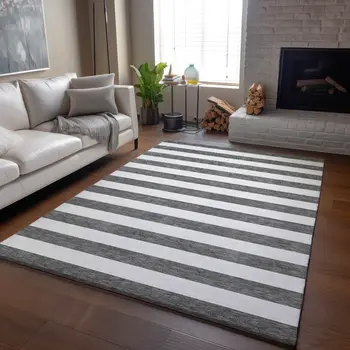 3' X 5' Charcoal And Ivory Striped Washable Area Rug With UV Protection