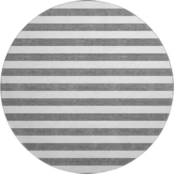 8' Charcoal And Ivory Striped Washable Round Rug With UV Protection