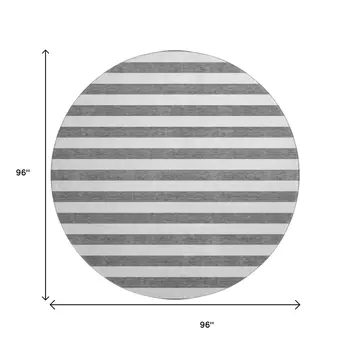 8' Charcoal And Ivory Striped Washable Round Rug With UV Protection