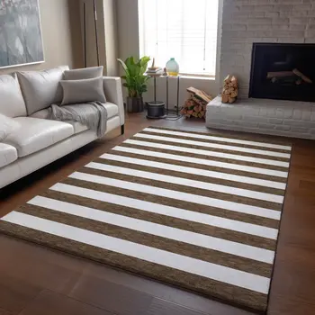 3' X 5' Chocolate And Ivory Striped Washable Area Rug With UV Protection