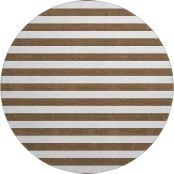 8' Chocolate And Ivory Striped Washable Round Rug With UV Protection