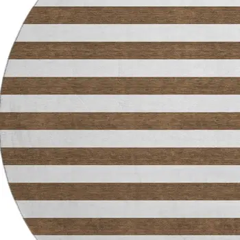 8' Chocolate And Ivory Striped Washable Round Rug With UV Protection