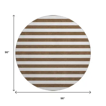 8' Chocolate And Ivory Striped Washable Round Rug With UV Protection