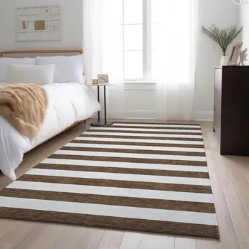 8' X 10' Chocolate And Ivory Striped Washable Area Rug With UV Protection