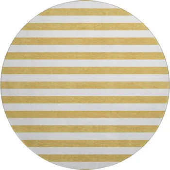 8' Gold And Ivory Striped Washable Round Rug With UV Protection