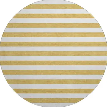 8' Gold And Ivory Striped Washable Round Rug With UV Protection