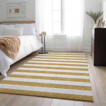 8' X 10' Gold And Ivory Striped Washable Area Rug With UV Protection