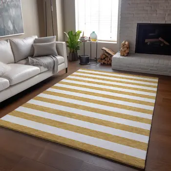 9' X 12' Gold And Ivory Striped Washable Area Rug With UV Protection