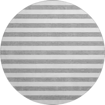 8' Gray And Ivory Striped Washable Round Rug With UV Protection
